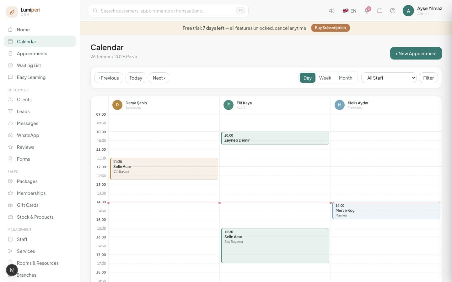Lumiperi appointment calendar screen