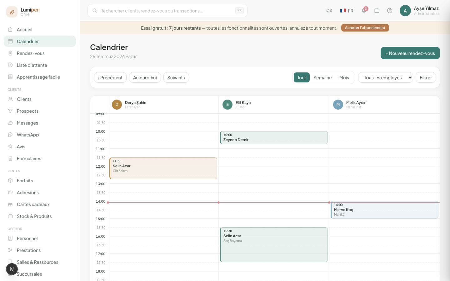 Écran de l’agenda Lumiperi